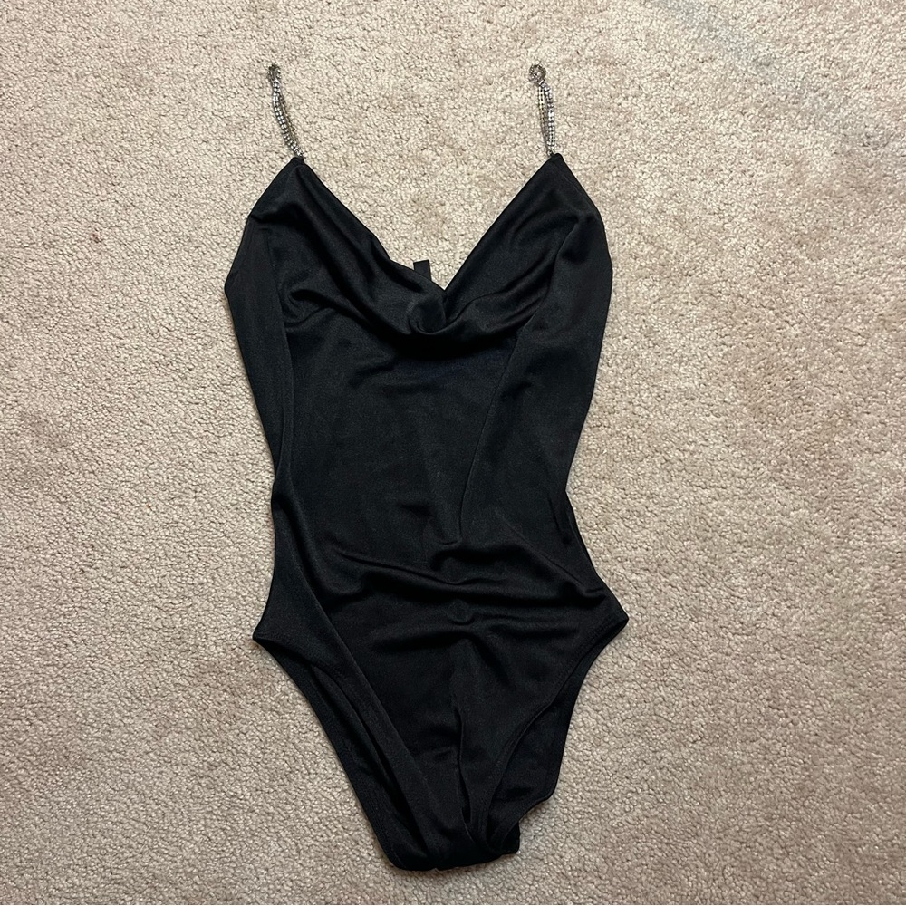 H&M Black Satin Bodysuit with Rhinestone Straps